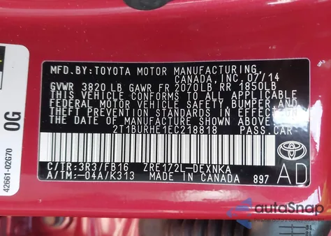 2014 Toyota Corolla Le из США, поврежденный, VIN 2T1BURHE1EC218818